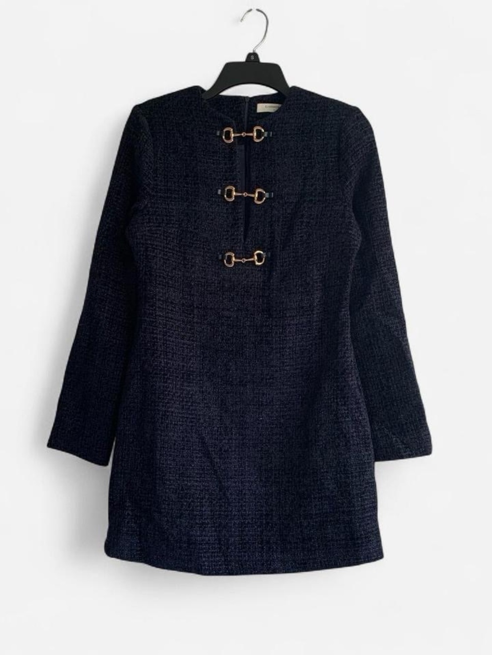 Commense Navy Long-Sleeve Shift Dress with Gold Buckle Accents